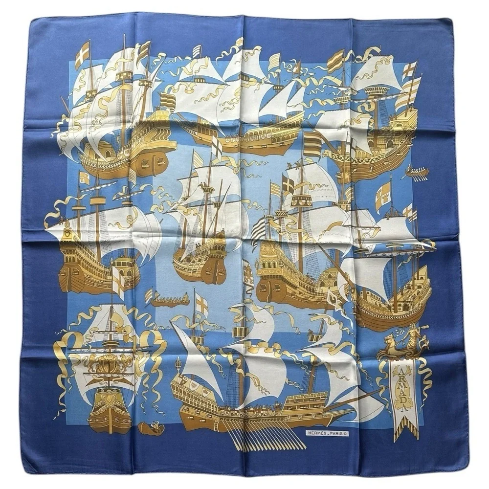 Hermès “Armada” Carre 90 Classic Blue & Gold Ships Nautical Silk Scarf w/Box